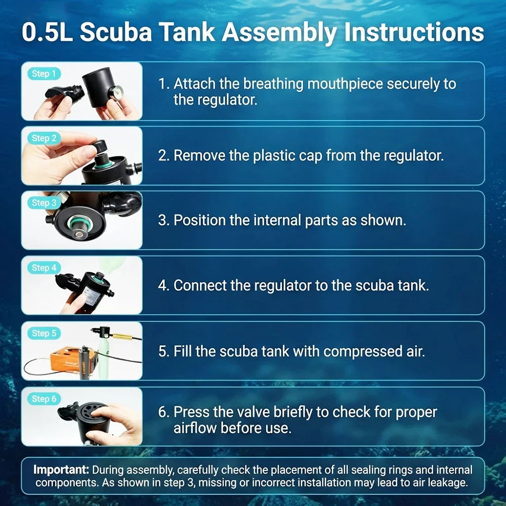 0.5L Mini Scuba Tank Diving Cylinder Scuba Diving Tank 3000PSI Small Pony Bottle 5-10 Mins Underwater Breathing for Snorkeling