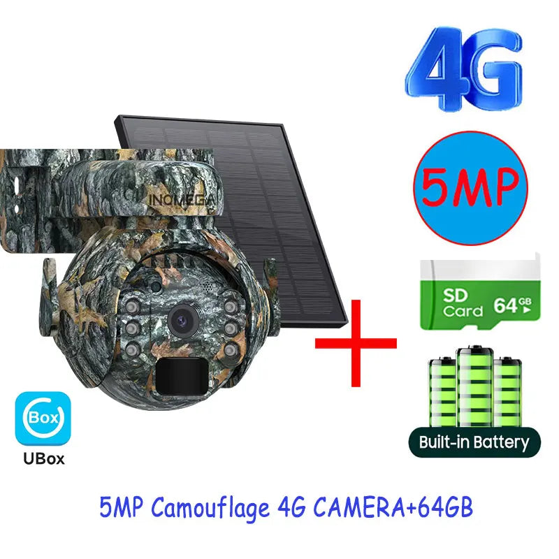5MP Trail Camera Wireless Outdoor, 3G/4G LTE, Solar Powered Camera with 360° Pan Tilt, 2K Night Vision, Smart Motion Activated