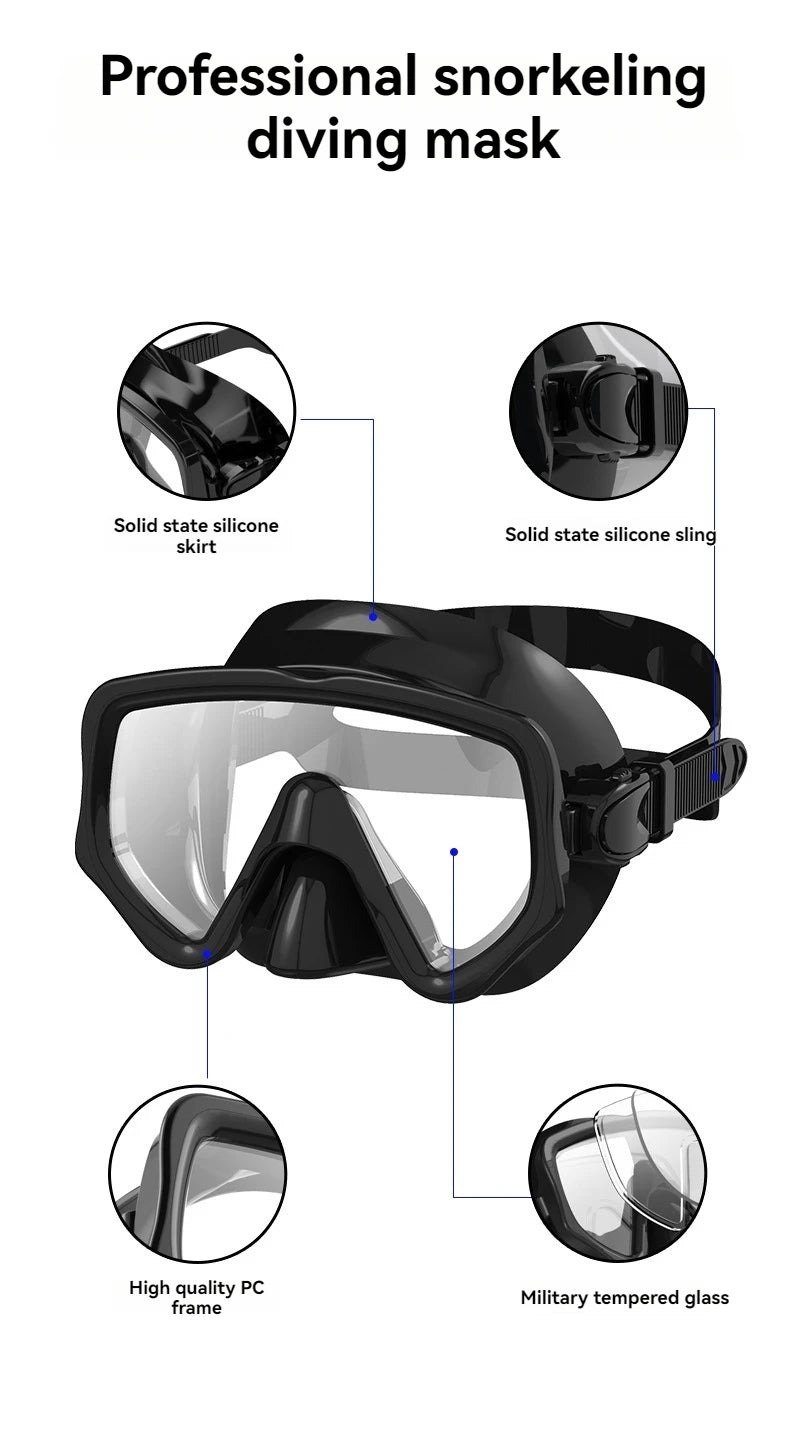 Diving Mask Snorkel Set For Adults Tempered Glass Scuba Professional Panoramic Snorkeling Gear Swimming Training Snorkel Kit
