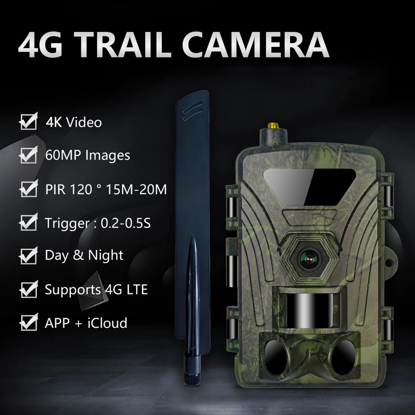 4G Trail Camera 8K Video 60MP Images PIR120°15M-20M Super-Fast Reflex Trigger Wildlife Camera with APP Cloud Storage Infrared Ca