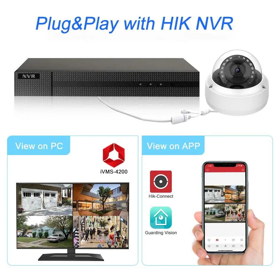 6MP 8MP Dome IP Camera Built-in Mic IR30m Human Vehicle Detection Plug&play with HIK NVR APP Remote Hikvision Compatible Serice
