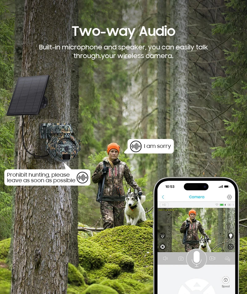 5MP Trail Camera Wireless Outdoor, 3G/4G LTE, Solar Powered Camera with 360° Pan Tilt, 2K Night Vision, Smart Motion Activated