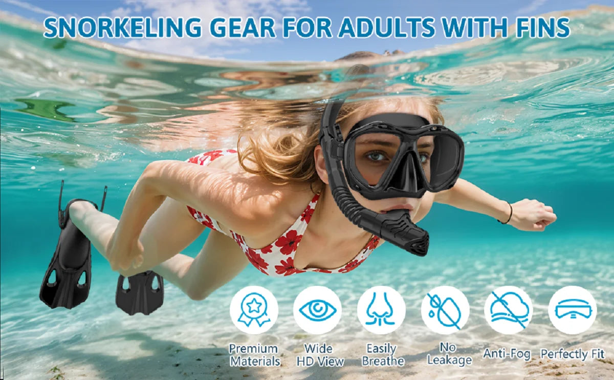 Mask Fins Snorkel Set 4 in 1 Panoramic View Dry Top Adjustable Short Dive Flippers Travel Bag Scuba Gear Diving Swimming Adults
