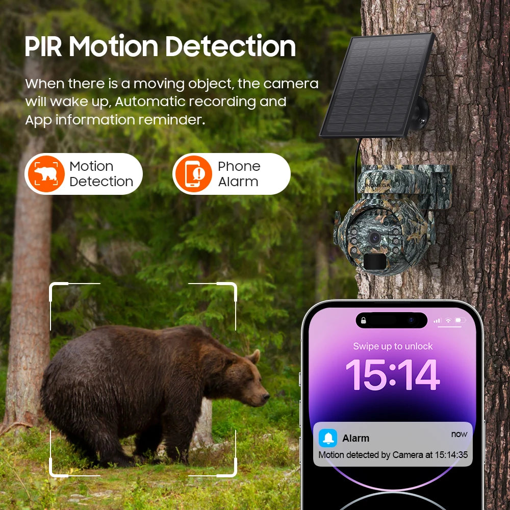 5MP Trail Camera Wireless Outdoor, 3G/4G LTE, Solar Powered Camera with 360° Pan Tilt, 2K Night Vision, Smart Motion Activated