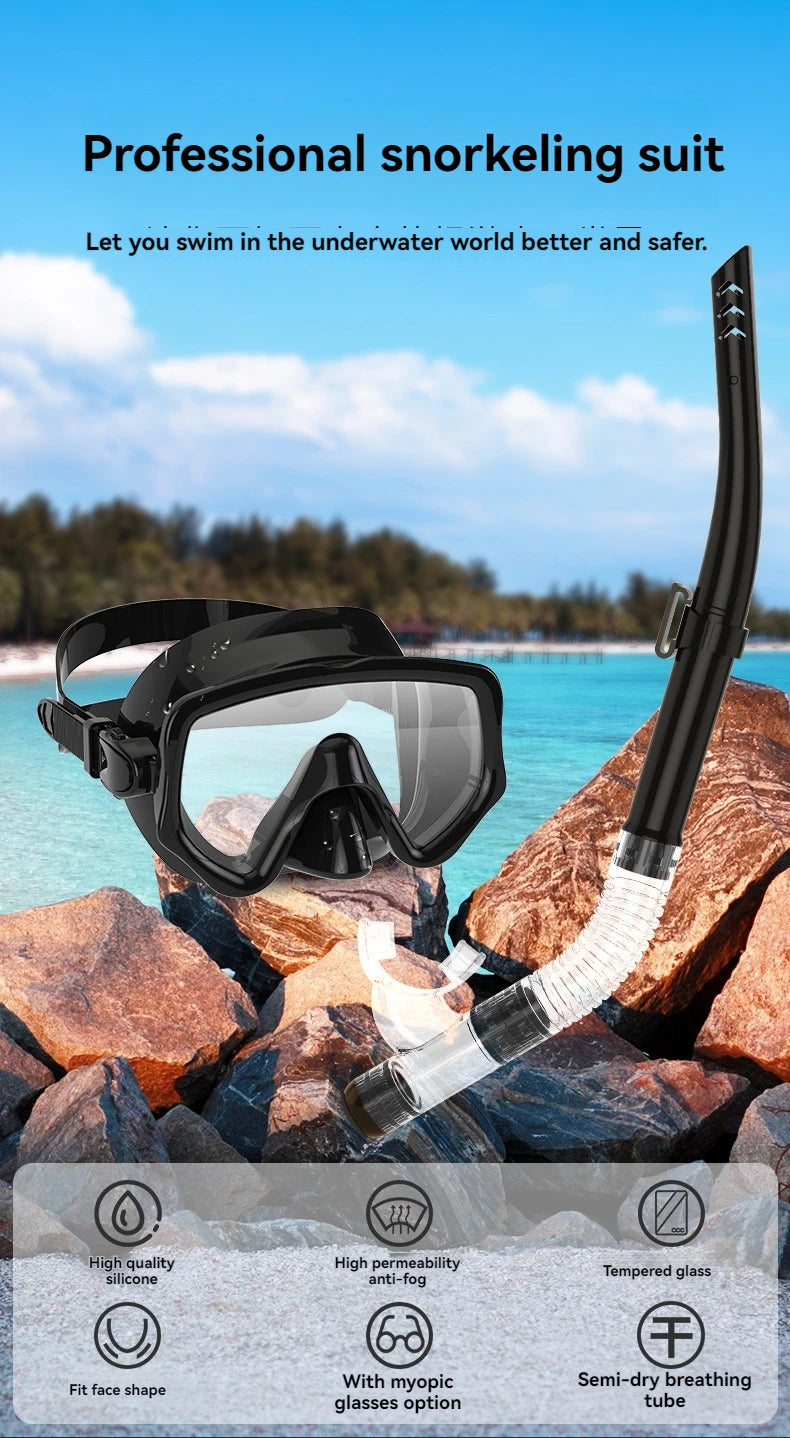 Diving Mask Snorkel Set For Adults Tempered Glass Scuba Professional Panoramic Snorkeling Gear Swimming Training Snorkel Kit