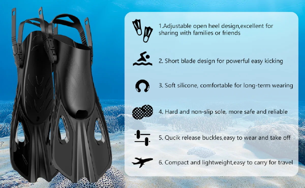 Mask Fins Snorkel Set 4 in 1 Panoramic View Dry Top Adjustable Short Dive Flippers Travel Bag Scuba Gear Diving Swimming Adults