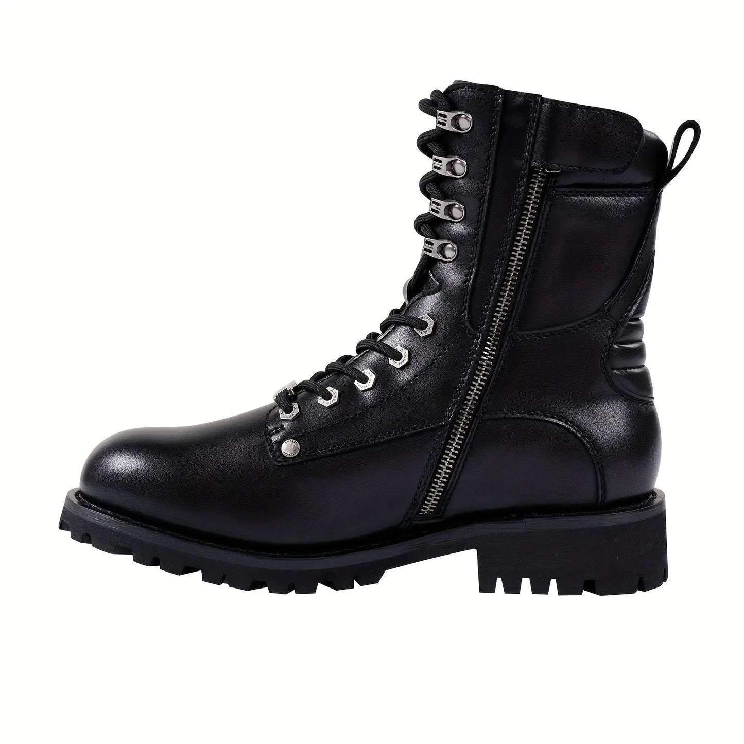 Black Faux PU Leather Motorcycle Boots with Side Zipper, Lace Up Ankle Booties, Low Heel Military Combat Boots for Riding Biker WardBoyzPROShop