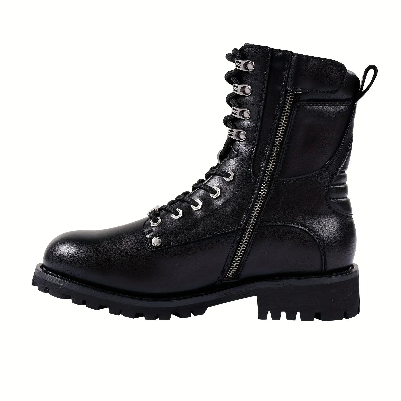 Black Faux PU Leather Motorcycle Boots with Side Zipper, Lace Up Ankle Booties, Low Heel Military Combat Boots for Riding Biker WardBoyzPROShop