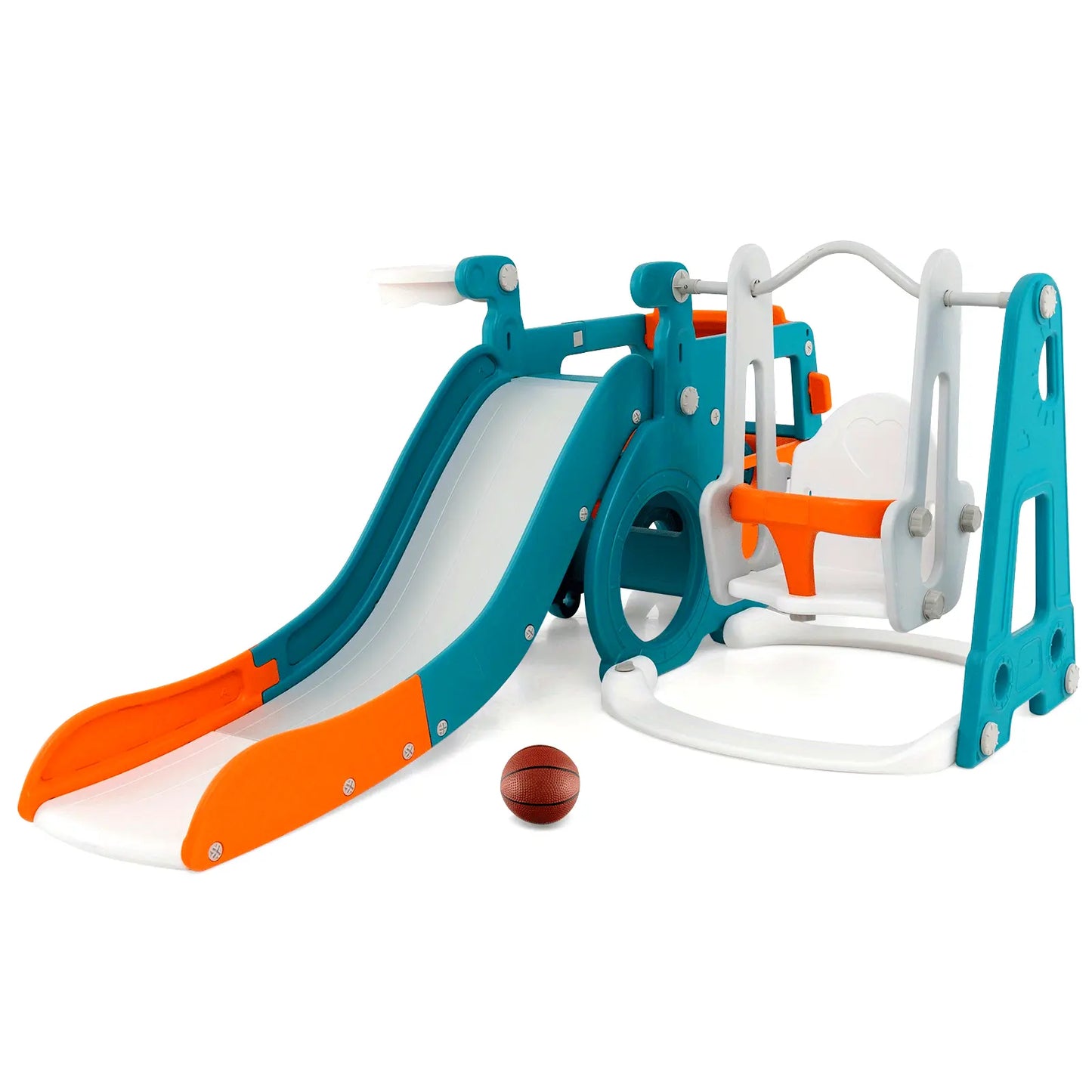 Costway 5-in-1 Kids Slide and Swing Set, Kids Slide with Baby Swing, Mini Bus, Crawling Tunnel, Basketball Hoop, Basketball & Pump Included, Indoor Playset for Boys and Girls Aged Over 18 Months Old WardBoyzPROShop
