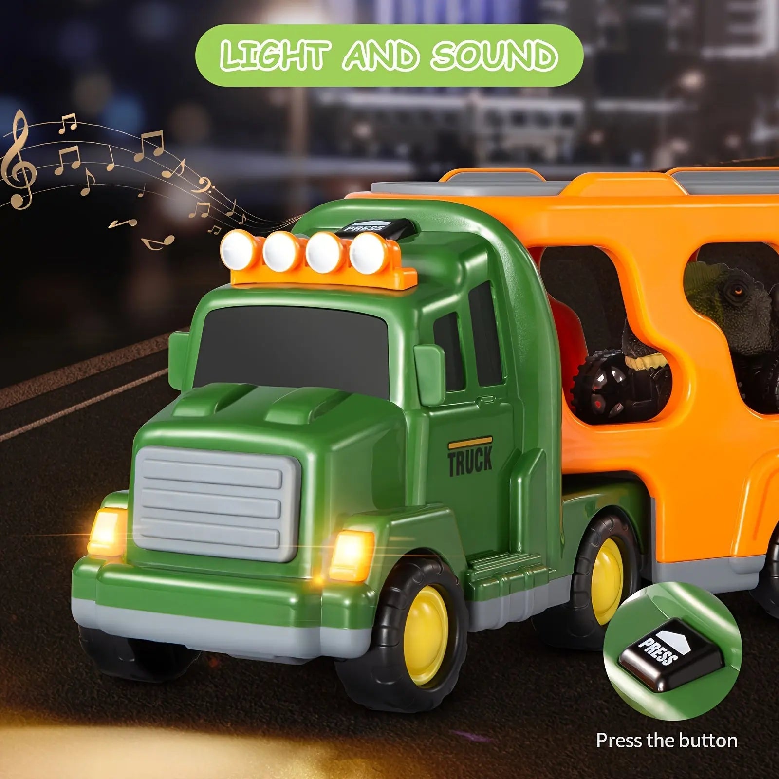 Baby Home Dinosaurs & Truck Toys Transport Car With 3 Dino Figures & 3 Monster Cars, Friction Toy Vehicle In Carrier Truck With Light & Sound, Play Gift Set Halloween, Christmas Gift WardBoyzPROShop
